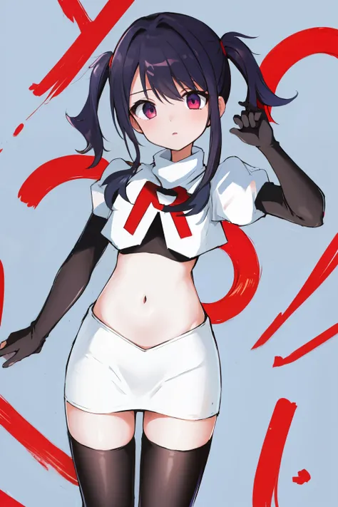 best quality, masterpiece, ame-chan, simple background, looking at viewer, team rocket,team rocket uniform,white skirt,red letter R,crop top,black thigh-highs,black elbow gloves