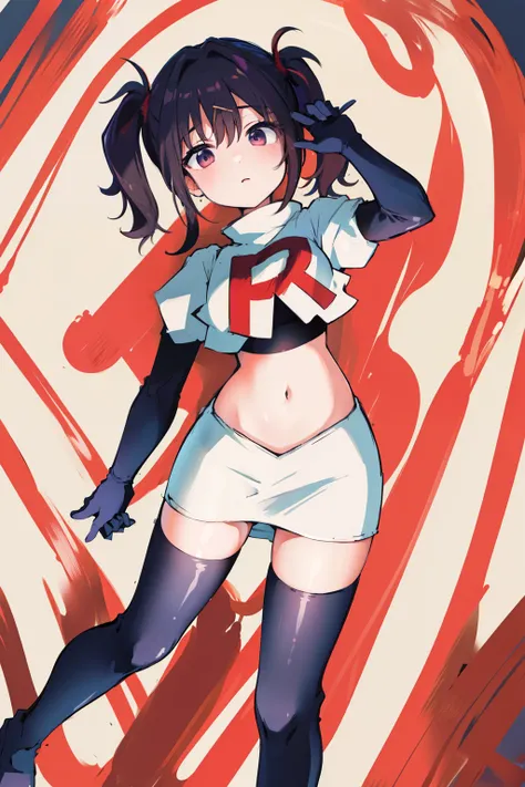 best quality, masterpiece, ame-chan, simple background, looking at viewer, team rocket,team rocket uniform,white skirt,red letter R,crop top,black thigh-highs,black elbow gloves