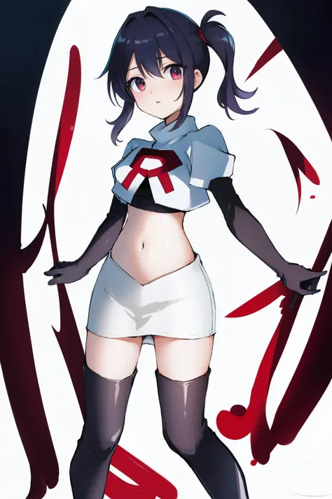 best quality, masterpiece, ame-chan, simple background, looking at viewer, team rocket,team rocket uniform,white skirt,red letter R,crop top,black thigh-highs,black elbow gloves