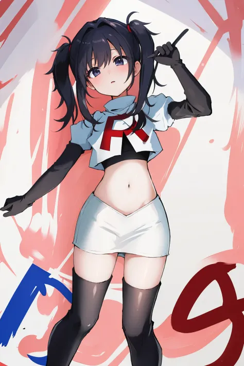 best quality, masterpiece, ame-chan, simple background, looking at viewer, team rocket,team rocket uniform,white skirt,red letter R,crop top,black thigh-highs,black elbow gloves