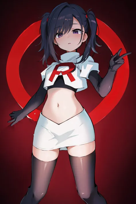 best quality, masterpiece, ame-chan, simple background, looking at viewer, team rocket,team rocket uniform,white skirt,red letter R,crop top,black thigh-highs,black elbow gloves