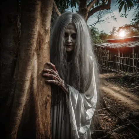 arafed woman with long white hair and a white dress standing next to a tree, eerie person, horror photography, spiritual eerie c...