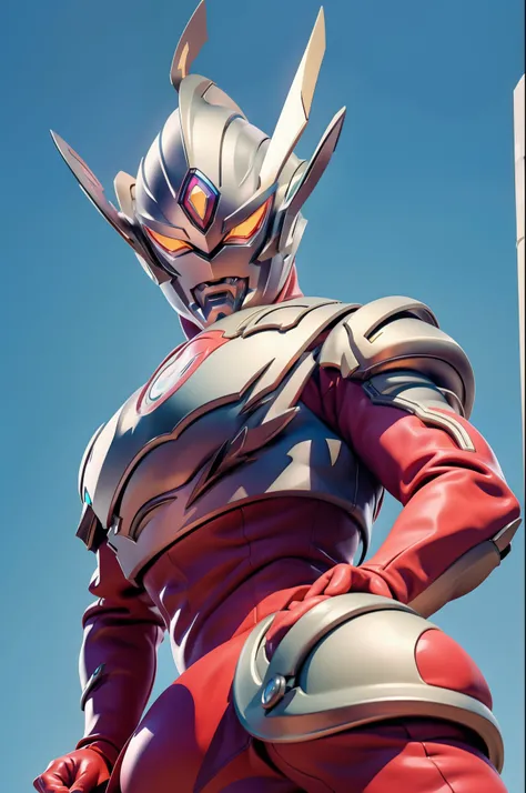 (masterpiece, best quality), 1giant man, from below, ultraman, fire effect, shiniy skin, (buring urban city), fighting pose, dynamic angle, dynamic effect