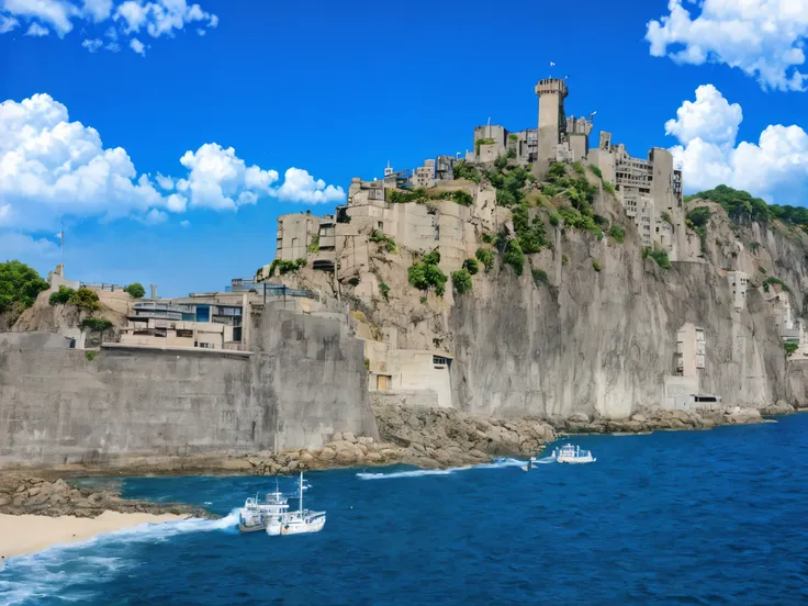 in the background there is a large body of water with a castle on the hill, hashima, seen from the port, view from the sea, port...