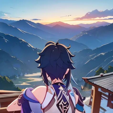 Xiao, genshin impact, up in the mountains, atardecer, mirando una cordillera, alegre, ciudad de liyue