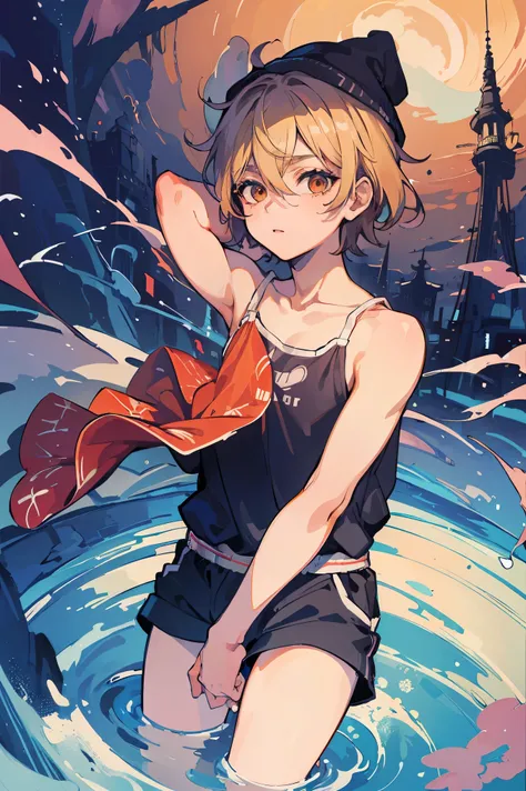 (masterpiece、highest quality、official art:1.2)、view audience、(10 years old)(A boy with a small unpeeled penis))、(Precum comes out of my penis...)knit hat(Showing off a tank top and shorts,flat chest,colorless hair)(Session with Aurora on the live stage)(Ba...