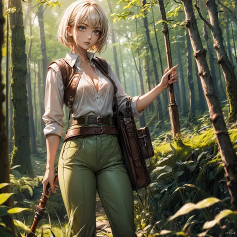 (best quality,4k,8k,highres,masterpiece:1.2),ultra-detailed, female ranger, short blond hair, spear, white shirt, green leather vest, green trousers, brown boots, A-cup, in the woods, AIKA, seethru, HDR, 8k, absurdres, cinestill 800, sharp focus, add_detai...