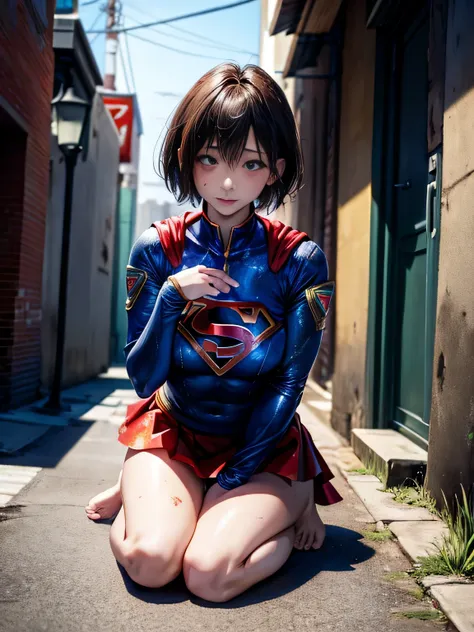 masterpiece、leaning against the alley wall、injured short-haired supergirl costume.、tattered clothes、big and full breasts、look at...