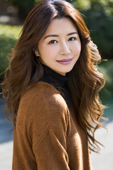 ((highest quality, 8K, masterpiece, portrait: 1.3)), (Viewer Display), photorealism, sharp focus, alone, Japan Moro Islamic Liberation Front, beauty, 28 years old, curly hair, wrinkles around the eyes, high neck sweater ((stand on one leg)), walk in the p...