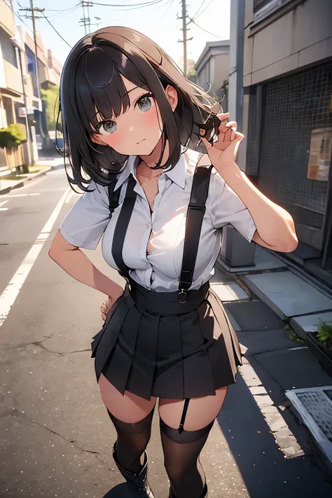 brown hair、looking at the viewer suspenders Bulging big breasts Black miniskirt garter belt knee high socks Gaze small face bangs Beauty hands up Gaze black boots provocation one person cutter shirt Panty shot hands behin...