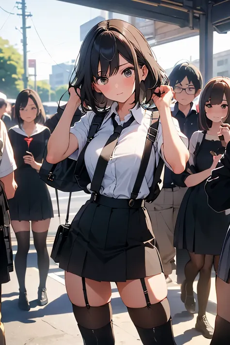 brown hair、looking at the viewer suspenders Bulging big breasts Black miniskirt garter belt knee high socks Gaze small face bangs Beauty hands up Gaze black boots provocation one person cutter shirt Panty shot hands behin...