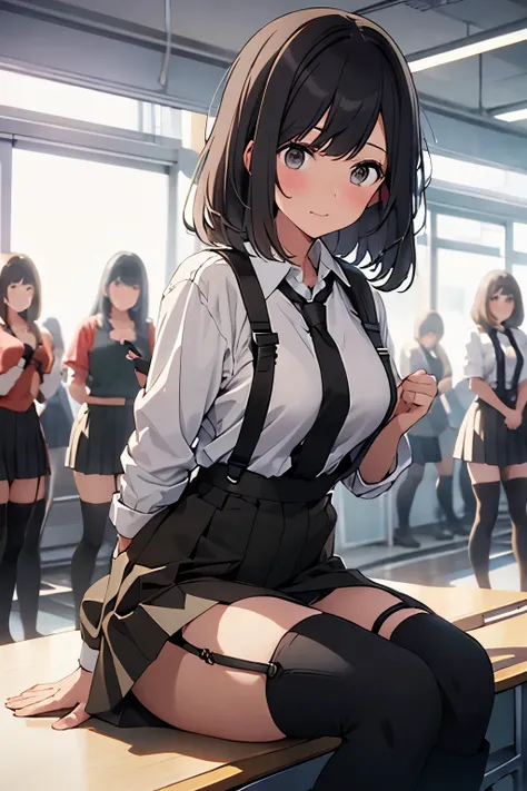 brown hair、looking at the viewer　　suspenders　　　bulging big breasts　　 　 　　　　black miniskirt　garter belt　knee high socks　　　　　　gaze...