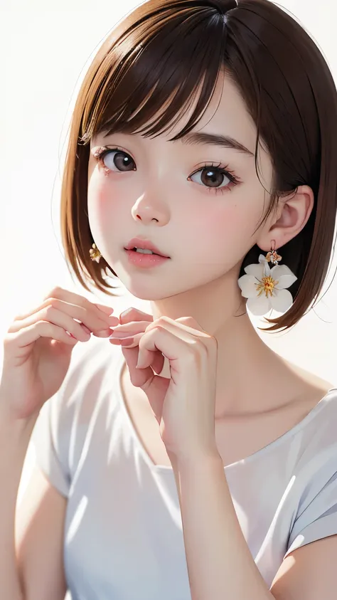 portrait、masterpiece:1.3、one girl、baby face、natural look、very cute、brown hair、short bob、small red earrings、plump lips、no makeup、...