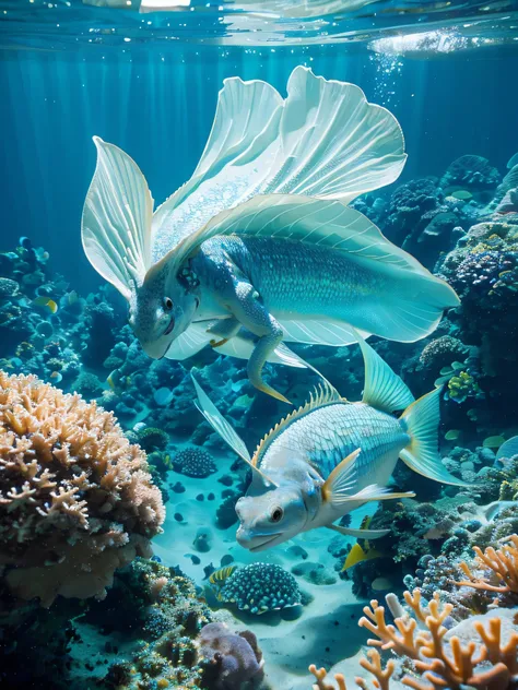 highest quality, One colorful little dragon with beautiful blue scales, canon, 30mm lens, f1.2, super photorealistic, in water, in water in the shallows of the beautiful southern blue-green sea, beautiful white sand bottom, shining coral reef, swim slowly...