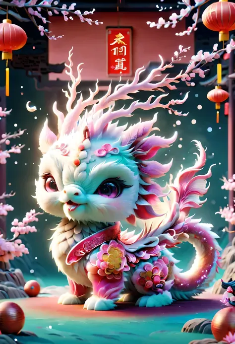 (masterpiece, best quality:1.2), q version, 1只charming小龙, chinese style, pink space, festive atmosphere, spring festival, charmi...