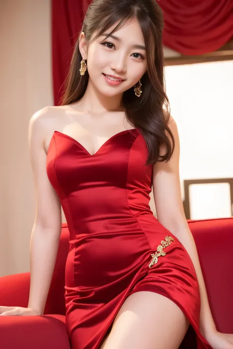 Asian woman in arafe in red dress sitting on red sofa, wearing a red China dress, China dress, gorgeous chinese model, elegant smile pose, Shahi, beautiful korean woman, chinese girl, Chinese female, gorgeous young korean woman, Yun Lin, li zixin, whole bo...