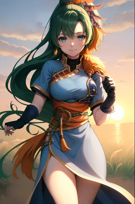 masterpiece, best quality, braveLyn, hair ornament, blue dress, fingerless gloves, orange feathers, sash, cowboy shot, looking at viewer, smile, clouds, sky, sunset, fields