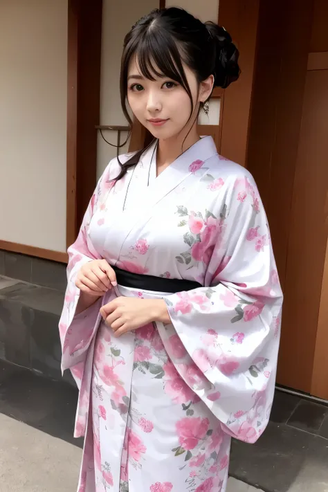 （super highest quality、In 8K、Masseter muscle part、delicate illustrations）、she is a very beautiful japanese housewife.（Around 30 years old）、Odango hairstyle（with hair ornament）、perfect body shape、（Japanese luxury kimono 1.1）、Outside the shrine of Japan、