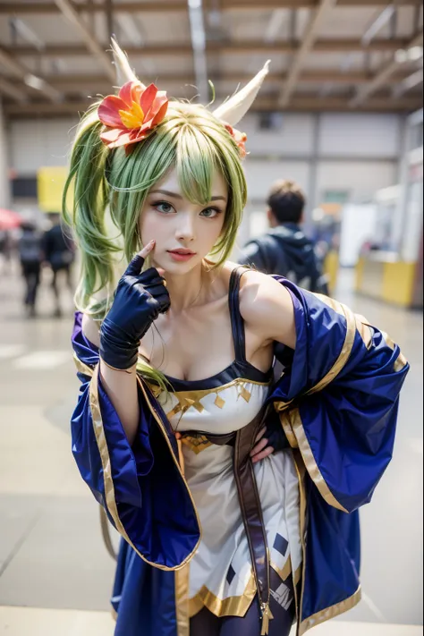 there is a woman with green hair and a blue dress, anime cosplay, anime girl cosplay, cosplay photo, cosplayer, cosplay, lady pa...