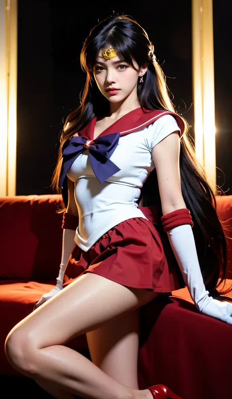 1girl, long hair, (high quality,8k, blonde hair, realistic, best quality, masterpiece, ultra detailed)1.5, ((sama1, tiara, sailor senshi uniform, white gloves, red sailor collar, red skirt)), night city, white gloves, Purple Bow, Purple eye, high heel boot...