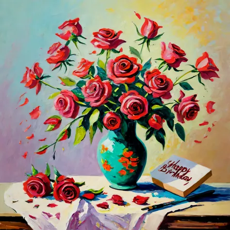 oil painting with palette knife, oil painting on canvas, still life, on the table there is a magnificent bouquet of scarlet rose...