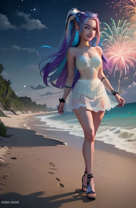 aria blaze from my little pony ,aria blaze as a girl , female body , Slender body , (((((original hair style))))) ,(((wind blowing))), out door ,(((night))), (((castaway island))) , (beach in background) , (((catwalking toward viewer))), (((posing))),(((we...