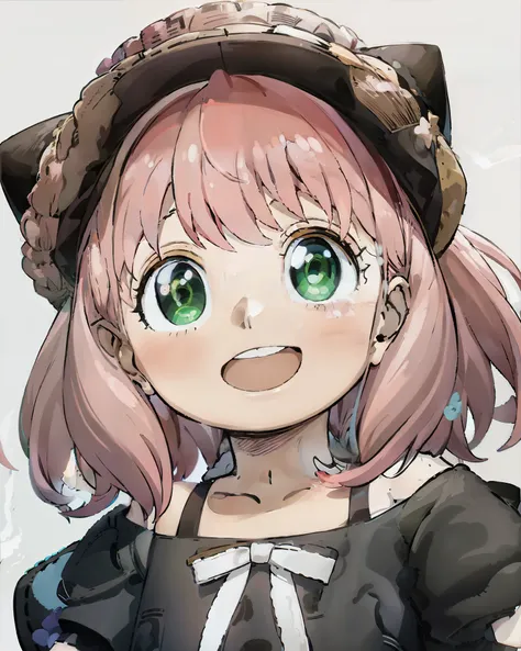 an anime girl with pink hair and green eyes with a surprised expression on her face and a black cat hat, (1girl:0.992), (:d:0.58...