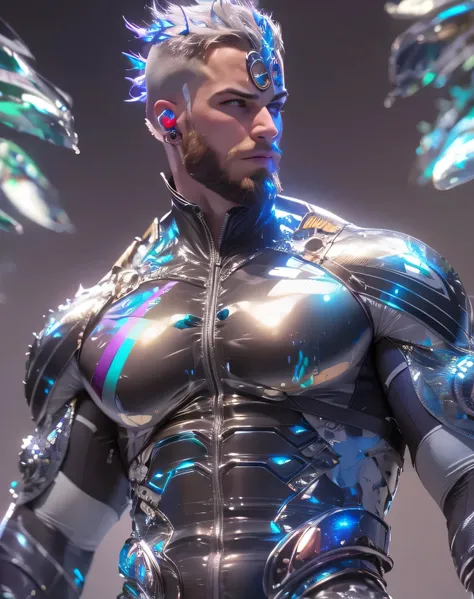 (mid_shot:1.3),(1 male:1.2),(muscle man:1.1),(frontal illumination:1.2),with a silver body and glitters with lights above,extreme iridescent reflection,in the style of vray tracing,vibrantmanga,shiny/ glossy,rococo pastel,fluid form,tinycore,fluid impressi...