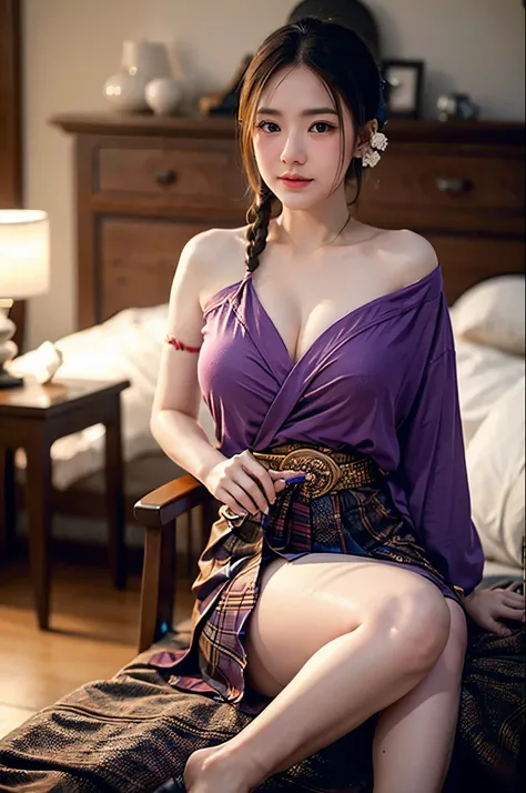 lying on the bed,(((make you bigger))),Thai girl, Morning fireworks display locations in Japan, hair is braided, holding a japanese comb in hand, Place your left hand under your chest., Change into a purple yukata, happy eyes,Open your chest and overflow. ...