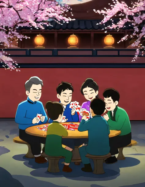 Four people are playing cards during the Spring Festival