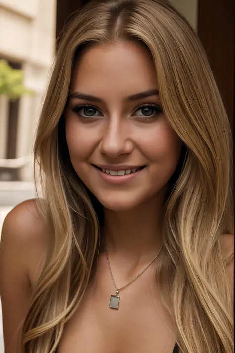 a close up of a woman with long hair and a necklace