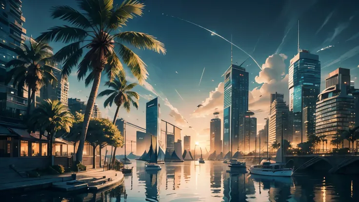 ultra-detailed,port city,modern,sharp focus,blue sky,blue water,vivid colors,physically-based rendering,lively atmosphere,reflection of buildings on the water,sailing ships,majestic architecture,clear horizon line,crisp and clean lines boutiques and cafes,...