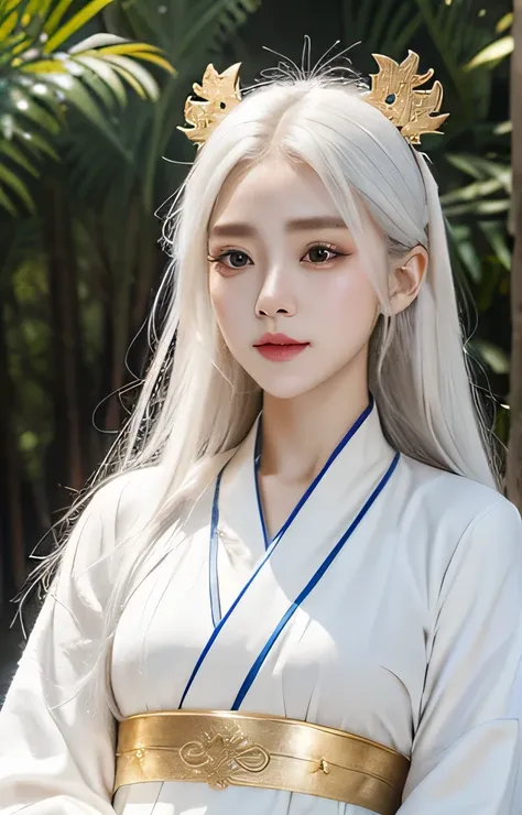 detailed, high quality, perfect face. fantasy style. korean girl with white color hair. her name is Kyu. Wear white nun cloak and hanfu dress, with gold color combination.
