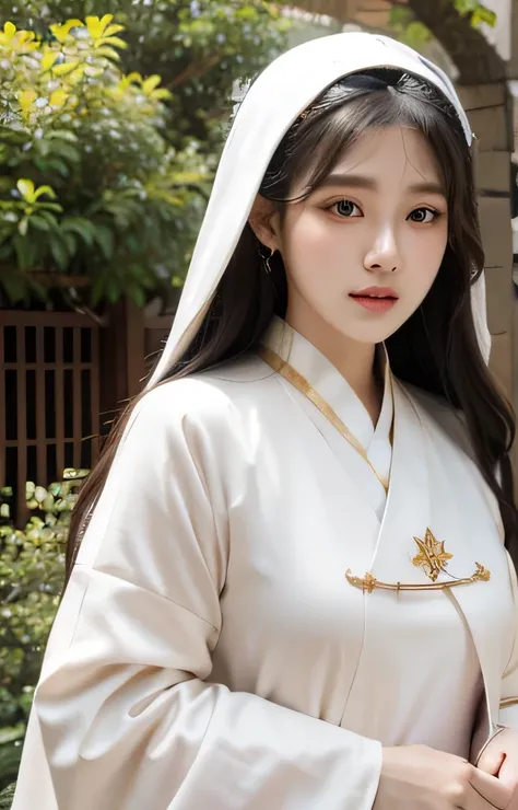 detailed, high quality, perfect face. fantasy style. korean girl with white color long hair. clear smoky pupil, Peach blush on, her name is Kyu. Wear white nun cloak and hanfu dress, with gold color combination. soft light 1,8. warm color.