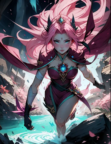 a woman with pink hair and a sword in a cave