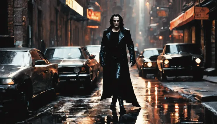 o corvo 1994, estrelado por brandon lee, walking in front of the camera, em tiro americano, full body view, totalmente composto,...