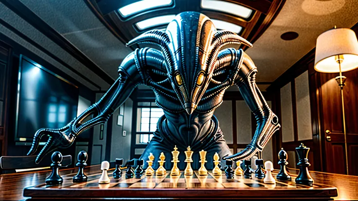 alien creature playing chess