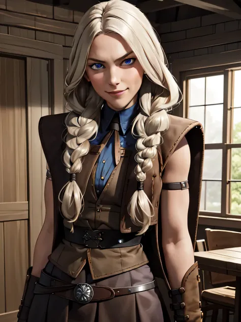 ruffnut, 1girl, solo, blue eyes, long hair, twin braids, brown skirt, blue shirt, brown vest, sleeveless, belt, vambraces, smirk...