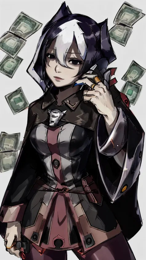 ozen, cape, jacket, black cape (holding a gun),money gang,intricate details,