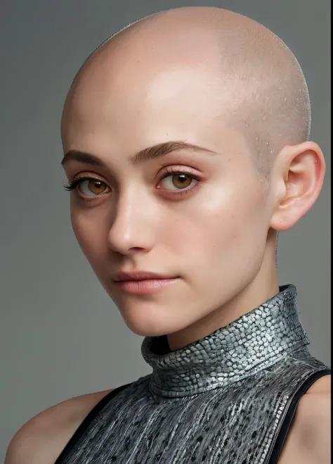 portrait of emmy rossum sick , (((bald)), wearing runway fashion , with gray lob (long bob) , background ramen shop epic (photo,...