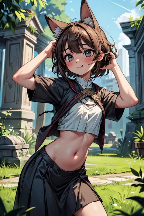((Masterpiece)), ((best quality)), (High Definition:1.3), (Professional Photography:1.2), best quality, 8K, Textured skin, cinematic lighting, 1girl, (Cute innocent teenage girl), slendar body, small breast, ((cover belly button with hands)), very messy me...
