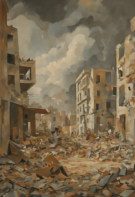 peinture , bombardements de gaza, a la manière de picasso (guernica) , ajouter quelques détails évocateurs situant la scène en p...