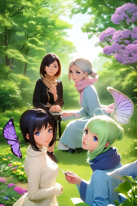 (1 woman, wise, ABOUT 40 YEARS OLD, Straight hair, GREEN COLOR, medium breasts, Blue eyes, light look, witchs tunic, scarf, WINGS WITH WEAR, hands with five fingers, sitting, standing, hands on her waist, with firm legs, Inside the garden where the butterf...