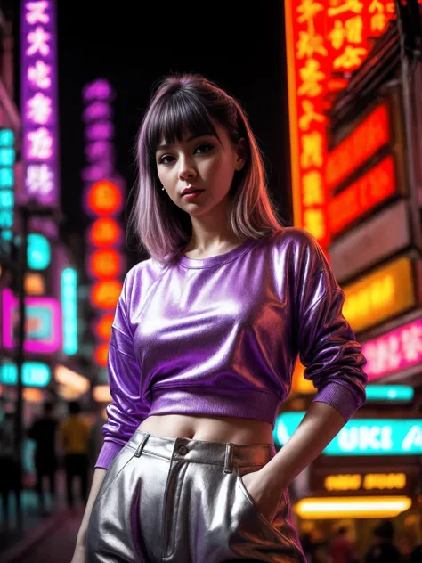 a woman in a purple top in a neon city, in the style of chinapunk, iconic album covers, soft-focus portraits, luke fildes, light...