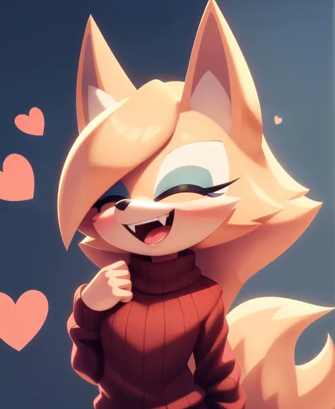 Masterpiece, high quality, studio quality, intricate details, 4k, 1girl, solo, Whisper the wolf, :D, hearts, sweater, fangs, eyes closed