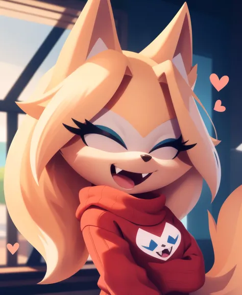 Masterpiece, high quality, studio quality, intricate details, 4k, 1girl, solo, Whisper the wolf, :D, hearts, sweater, fangs, eyes closed