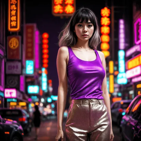 a woman in a purple top in a neon city, in the style of chinapunk, iconic album covers, soft-focus portraits, luke fildes, light...