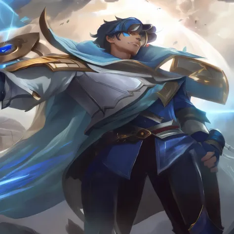 a boy in a blue cloak holding a sword and a shield, ashe, taliyah, mobile legends