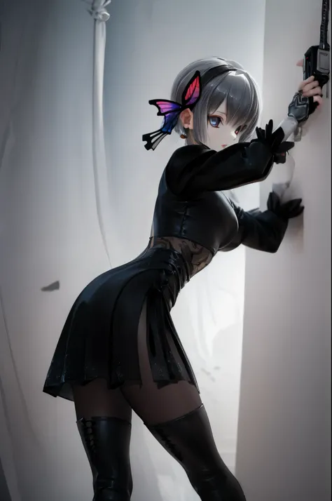 Octane Render、(Hyper-detailing: 1.15)、cinematic lightening、Taken from behind、Cute Fantasy Princess、Handgun shooting practice、Fine Pattern Pistol,long boots、ultradetailed eyes、Full Paint、（Floral hair ornament、butterfly hair ornament）、masutepiece、Anatomicall...