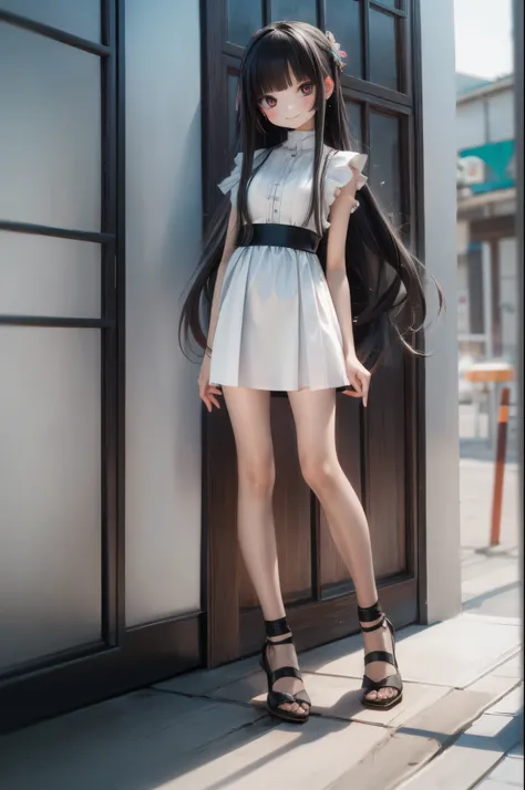 Octane Render、(hyper detail:1.15)、(soft light、sharp:1.2)、morning、Girl posing in front of colorful EVs in a parking lot near the beach、Characteristic hair ornament、Cute shoes、smile、shining light、Bokeh effect strong